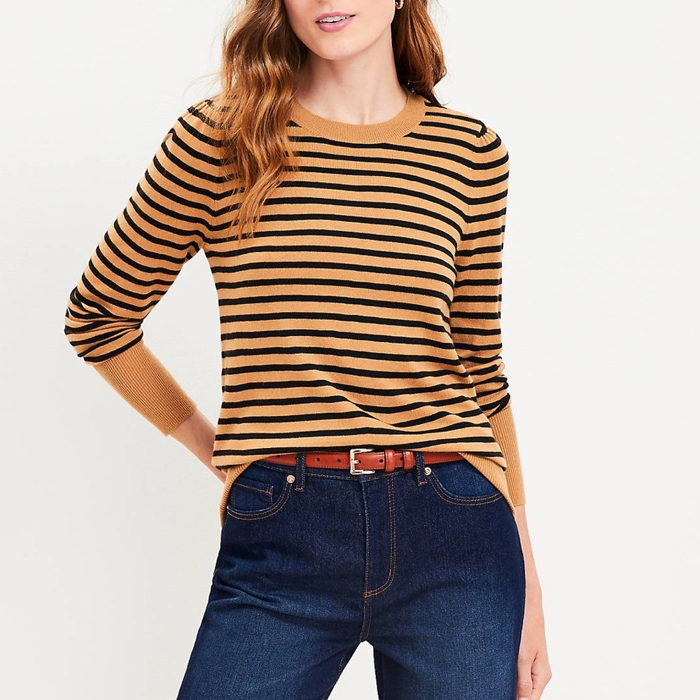 Loft - Striped Puff Sleeve Sweater in black/camel, S